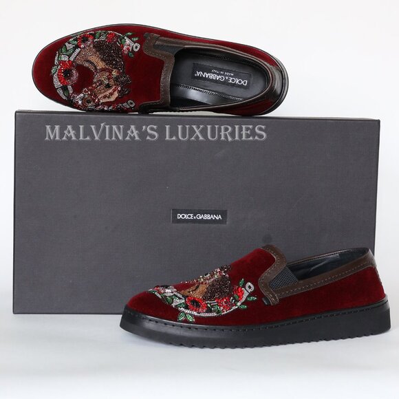 DOLCE & GABBANA SHOES MENS VELVET HORSE BEADED SEQUIN LOAFERS sz 40.5 US 7.5 main image 5
